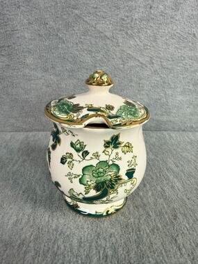 Mason's Ironstone China Mandalay Chartreuse Jam Jelly Jar with Lid Gold Trim